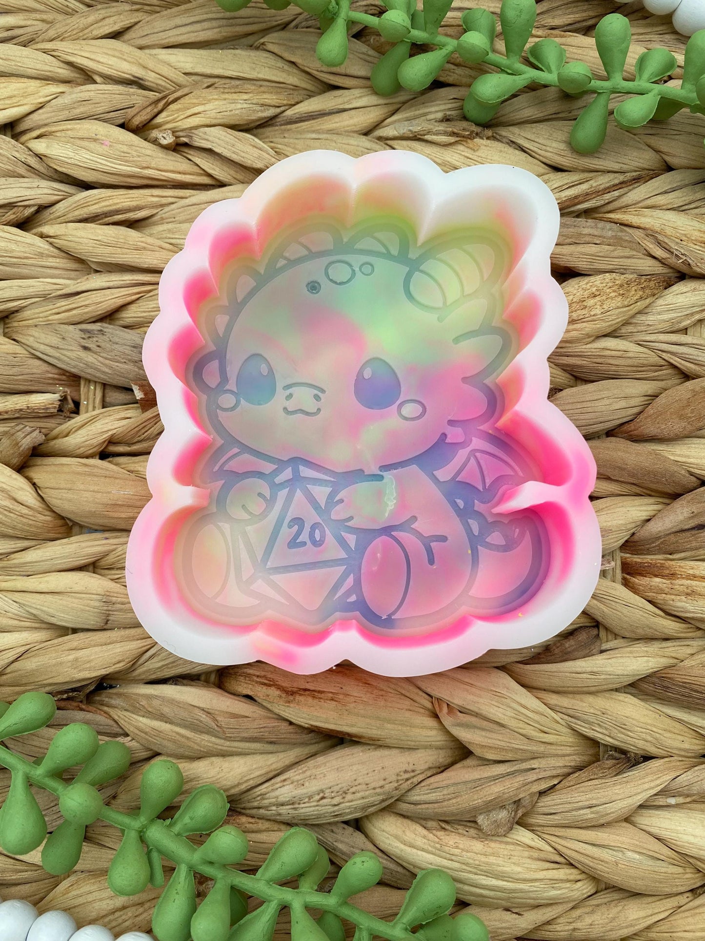 Dragon with Dice Freshie Mold, d20 freshie mold, dungeons and dragons freshie mold, pathfinder freshie mold, nerdy freshie molds