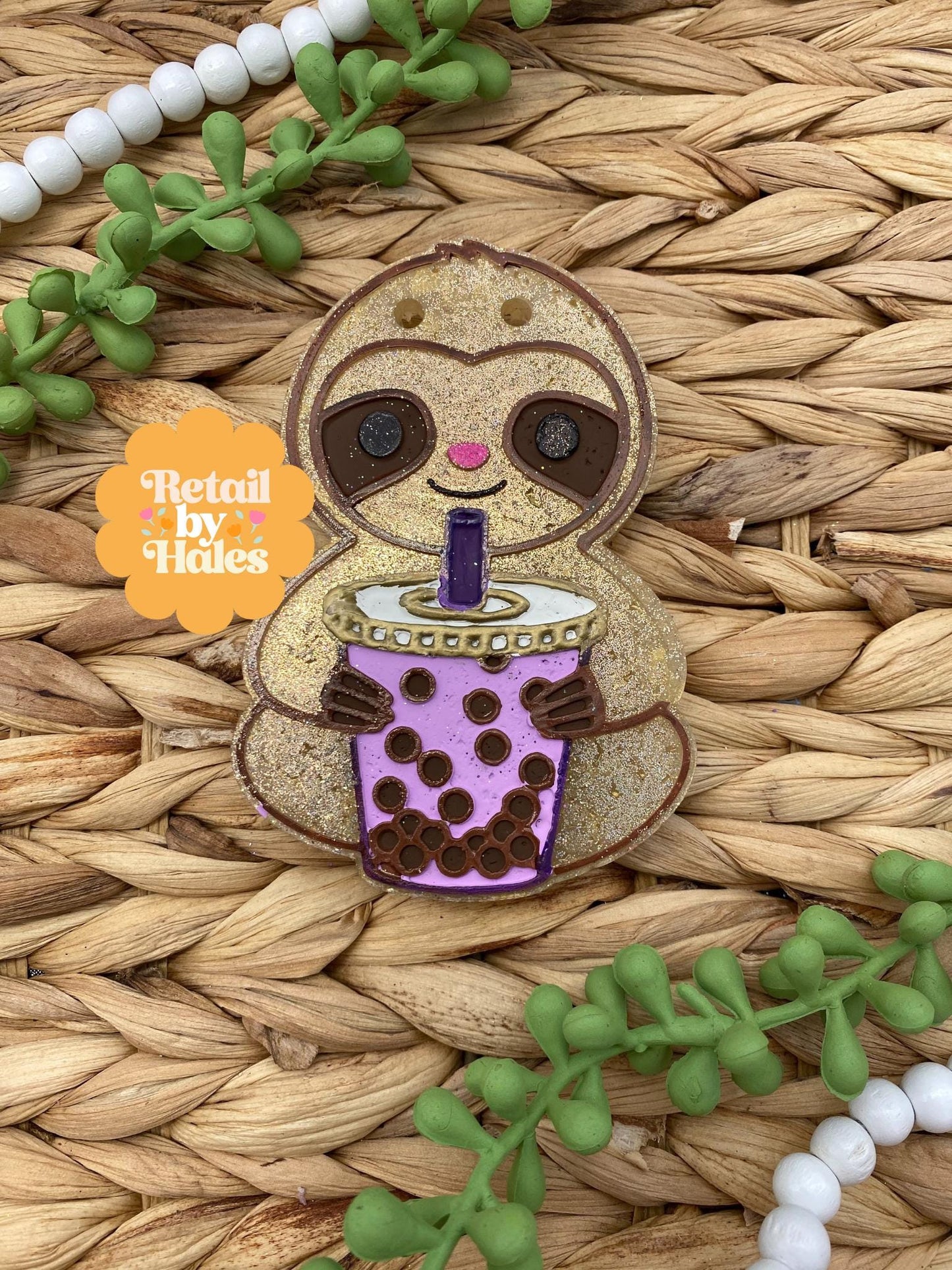 Sloth with Boba Freshie Mold, sloth freshie mold, summer silicone molds, hanging sloth freshie mold, beach freshie mold, summer freshie mold