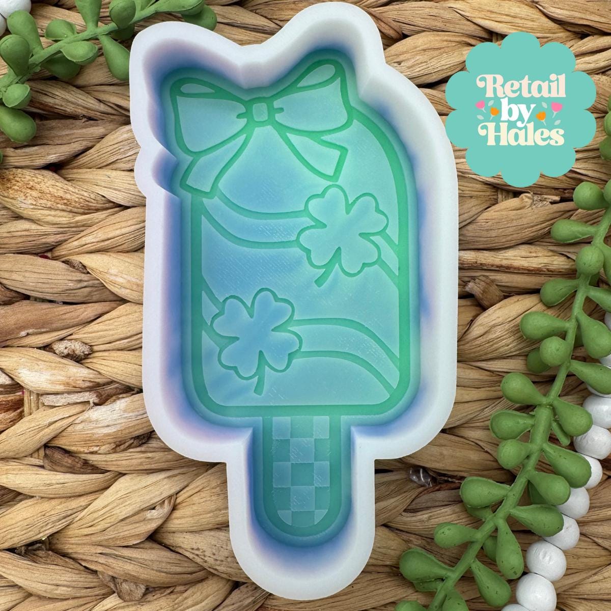 Shamrock Popsicle Freshie Mold, smiling lucky clover freshie mold, St Patrick's day freshie mold, Irish freshie mold, silicone soap molds