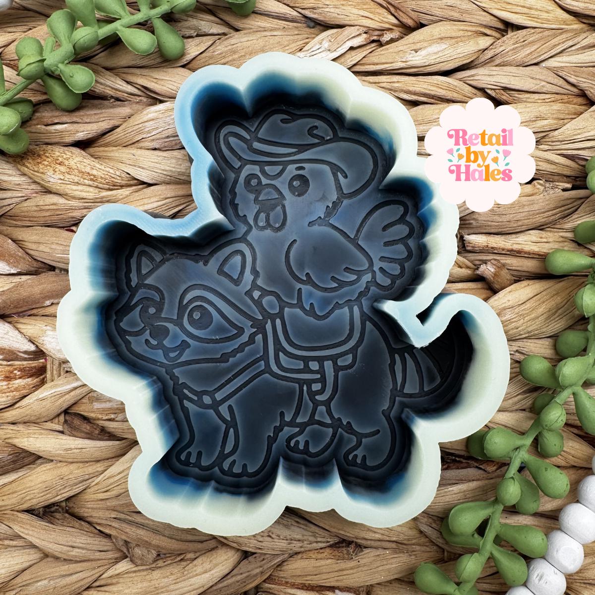 Chicken Riding Raccoon Freshie Mold, Cowboy Rooster Freshie Mold, Country Freshie Molds, Western Freshie Molds, Cowgirl Freshie Mold
