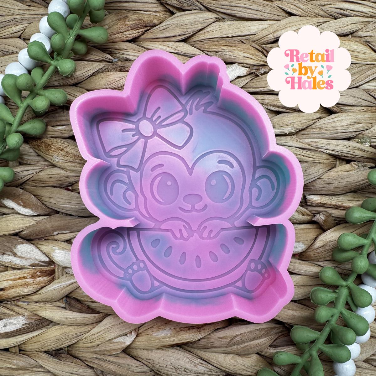Monkey with Watermelon Freshie Mold, summer freshie molds, watermelon slice mold, watermelon soap mold, monkey freshie mold