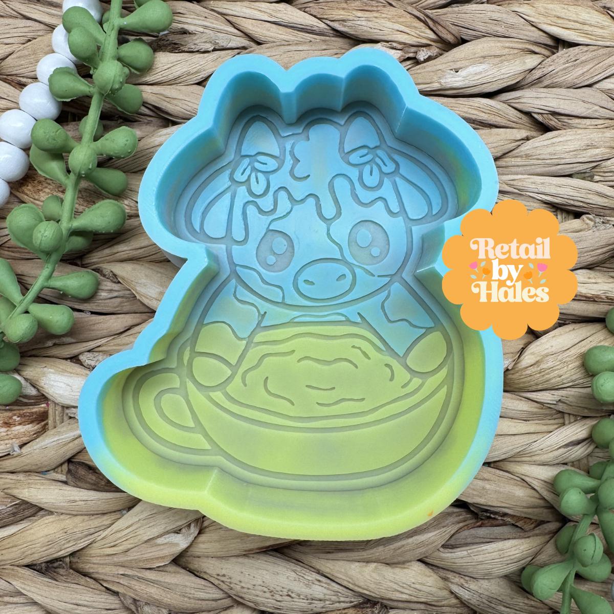 Cow with Coffee Mug Freshie Mold, bestselling freshie molds, coffee shop freshie, Cardstock Freshie Mold, cow coffee freshie mold