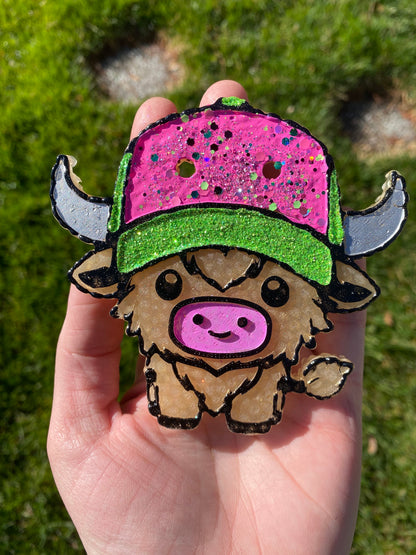 Highland Cow with Baseball Cap Freshie Mold, cardstock silicone molds, freshie molds for men, western freshie molds, ball cap freshie mold