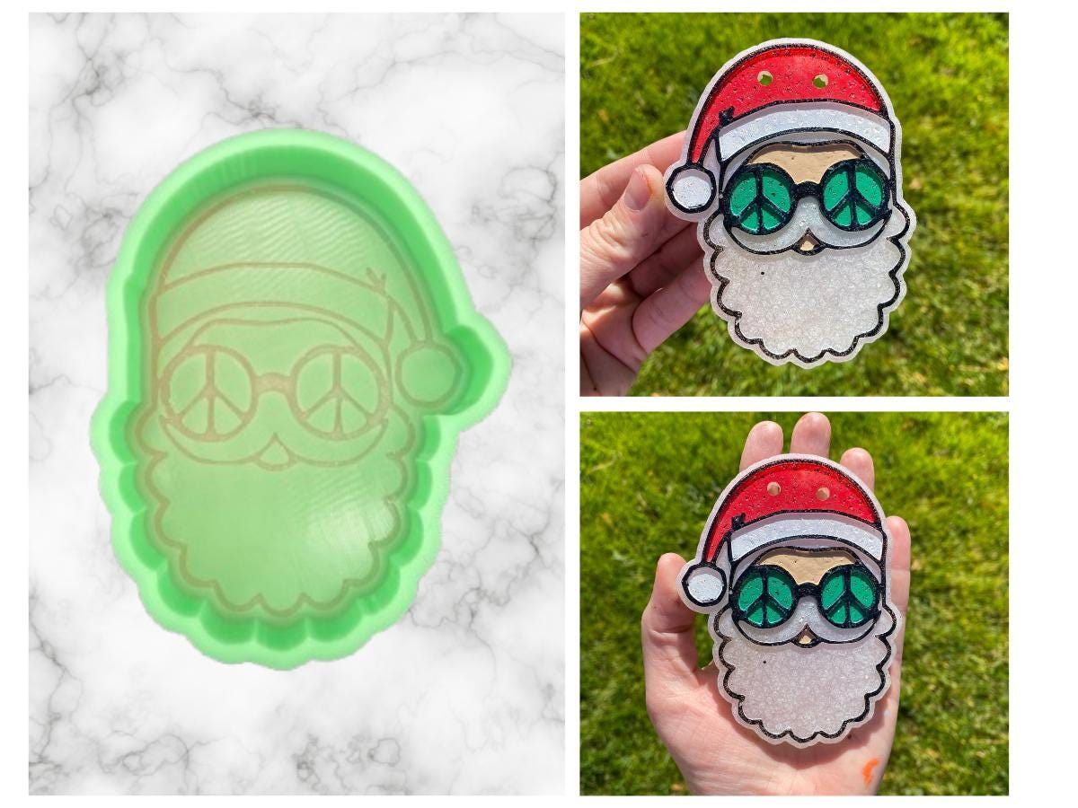 Santa Freshie Mold, freshie making supplies, Christmas freshie mold, santa claus silicone mold, Cute Santa mold, Peace Sign Glasses Santa