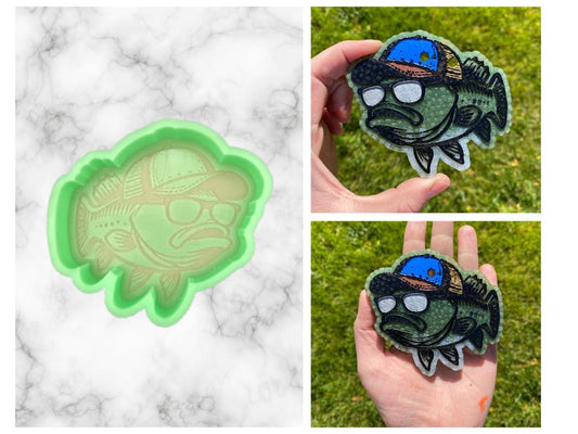 Fish with Baseball Cap Freshie Mold, bass freshie supplies, fishing silicone baking mold, freshie molds for men, fishing trip freshie mold