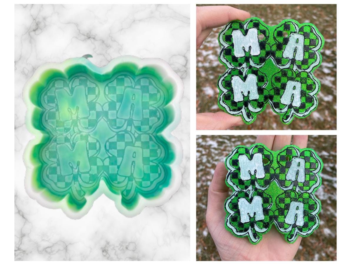 Mama Shamrock Freshie Mold, smiling lucky clover freshie mold, St Patrick's day freshie mold, Irish freshie mold, silicone soap molds