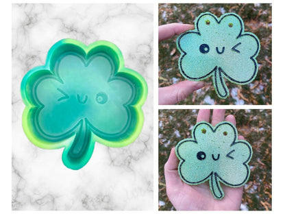 Winky Shamrock Freshie Mold, smiling lucky clover freshie mold, St Patrick's day freshie mold, irish freshie mold, silicone soap molds