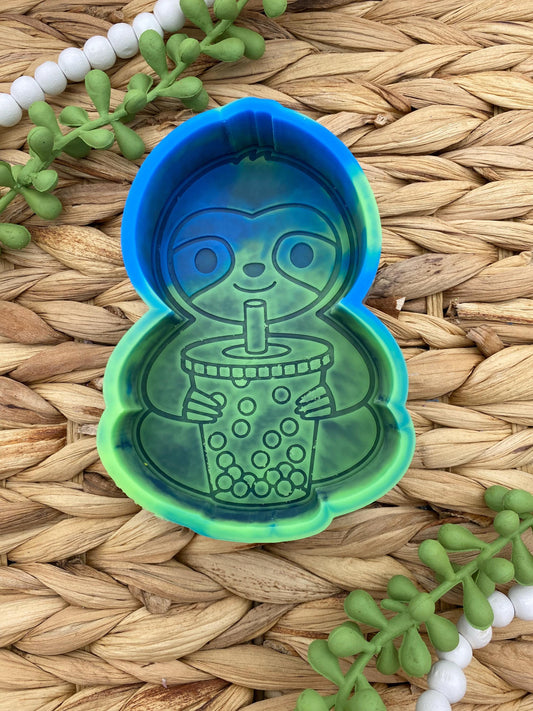 Sloth with Boba Freshie Mold, sloth freshie mold, summer silicone molds, hanging sloth freshie mold, beach freshie mold, summer freshie mold