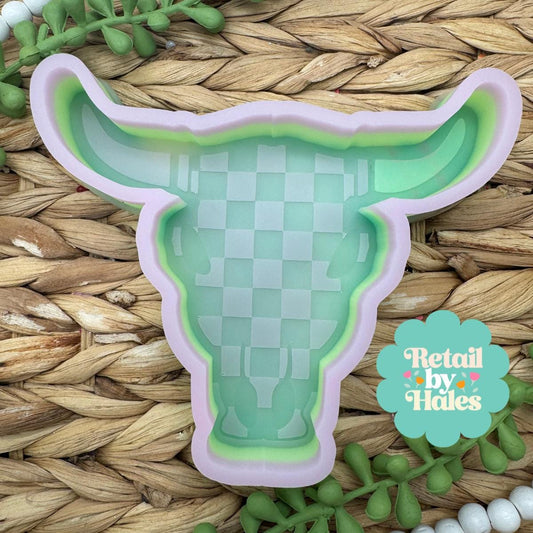 Checkerboard Bull Skull Freshie Mold, Western Freshie Molds, Cowboy Summer Freshie Molds, Cowgirl Freshie Molds, Cow Freshie Mold