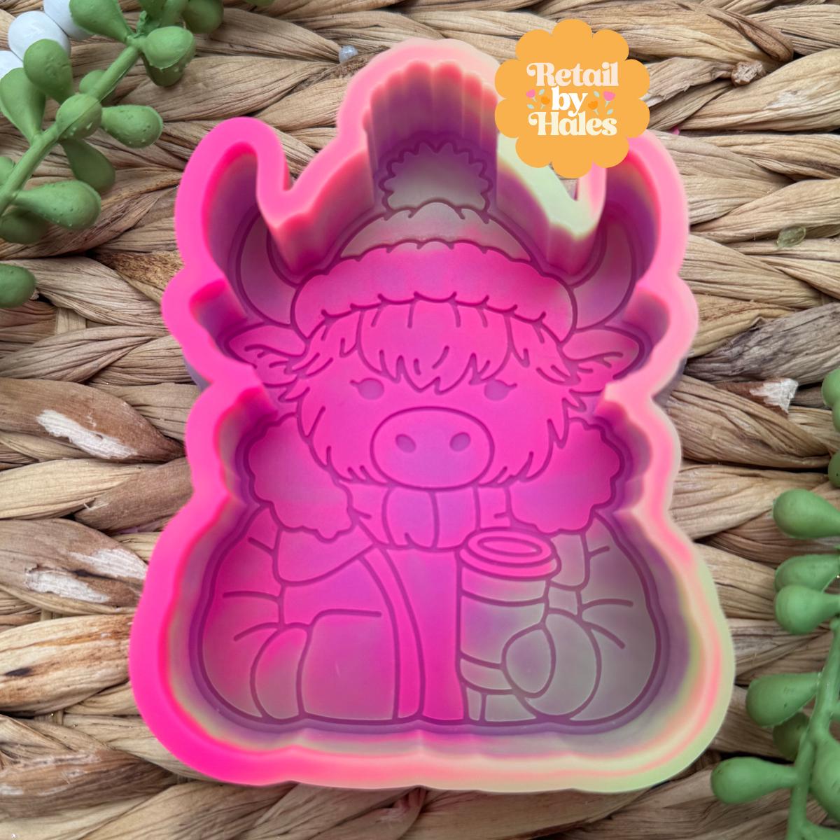Highland Cow with Coffee Freshie Mold, cozy winter freshie mold, highland cow freshie mold, western freshie mold