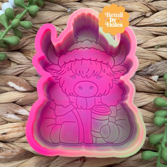 Highland Cow with Coffee Freshie Mold, cozy winter freshie mold, highland cow freshie mold, western freshie mold