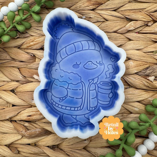 Duck with Coffee Freshie Mold, cozy winter freshie mold, hot chocolate duck freshie mold, winter animal freshie mold, sweater and hat