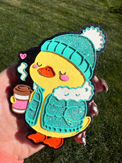 Duck with Coffee Freshie Mold, cozy winter freshie mold, hot chocolate duck freshie mold, winter animal freshie mold, sweater and hat