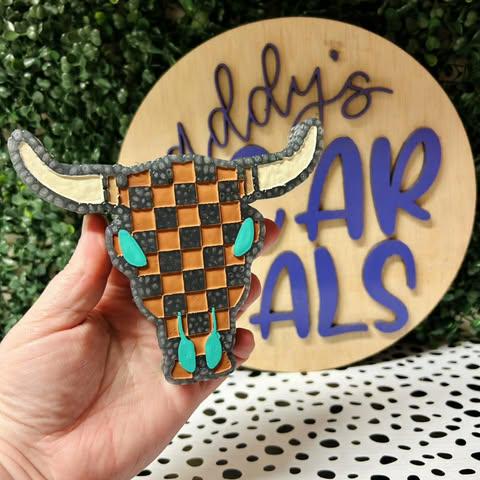 Checkerboard Bull Skull Freshie Mold, Western Freshie Molds, Cowboy Summer Freshie Molds, Cowgirl Freshie Molds, Cow Freshie Mold