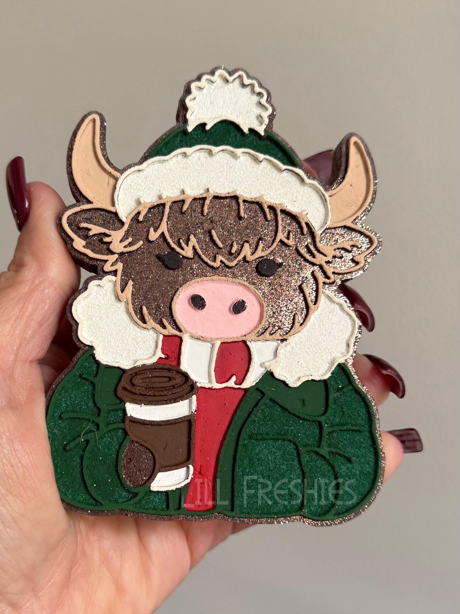 Highland Cow with Coffee Freshie Mold, cozy winter freshie mold, highland cow freshie mold, western freshie mold
