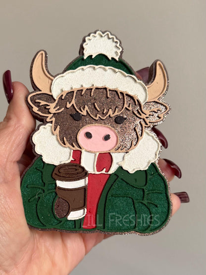 Highland Cow with Coffee Freshie Mold, cozy winter freshie mold, highland cow freshie mold, western freshie mold