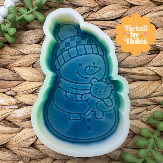 Snowman with Teddy Bear Freshie Mold, Christmas soap mold, cozy winter freshie molds, happy winter molds