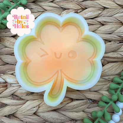 Winky Shamrock Freshie Mold, smiling lucky clover freshie mold, St Patrick's day freshie mold, irish freshie mold, silicone soap molds