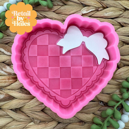 Plaid Heart with Bow Freshie Mold, couple freshie mold, boyfriend and girlfriend freshie mold, valentine freshie mold, heart freshie mold
