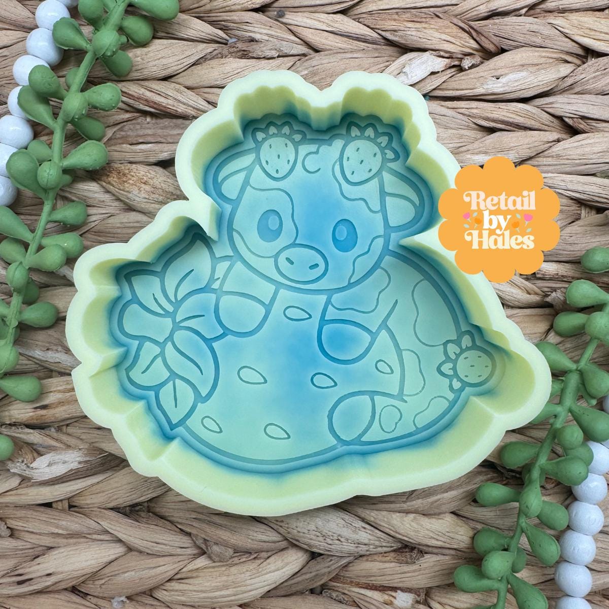 Cow on Strawberry Freshie Mold, western freshie molds, strawberry freshie mold, fruit freshie mold, summer freshie mold, western soap mold\