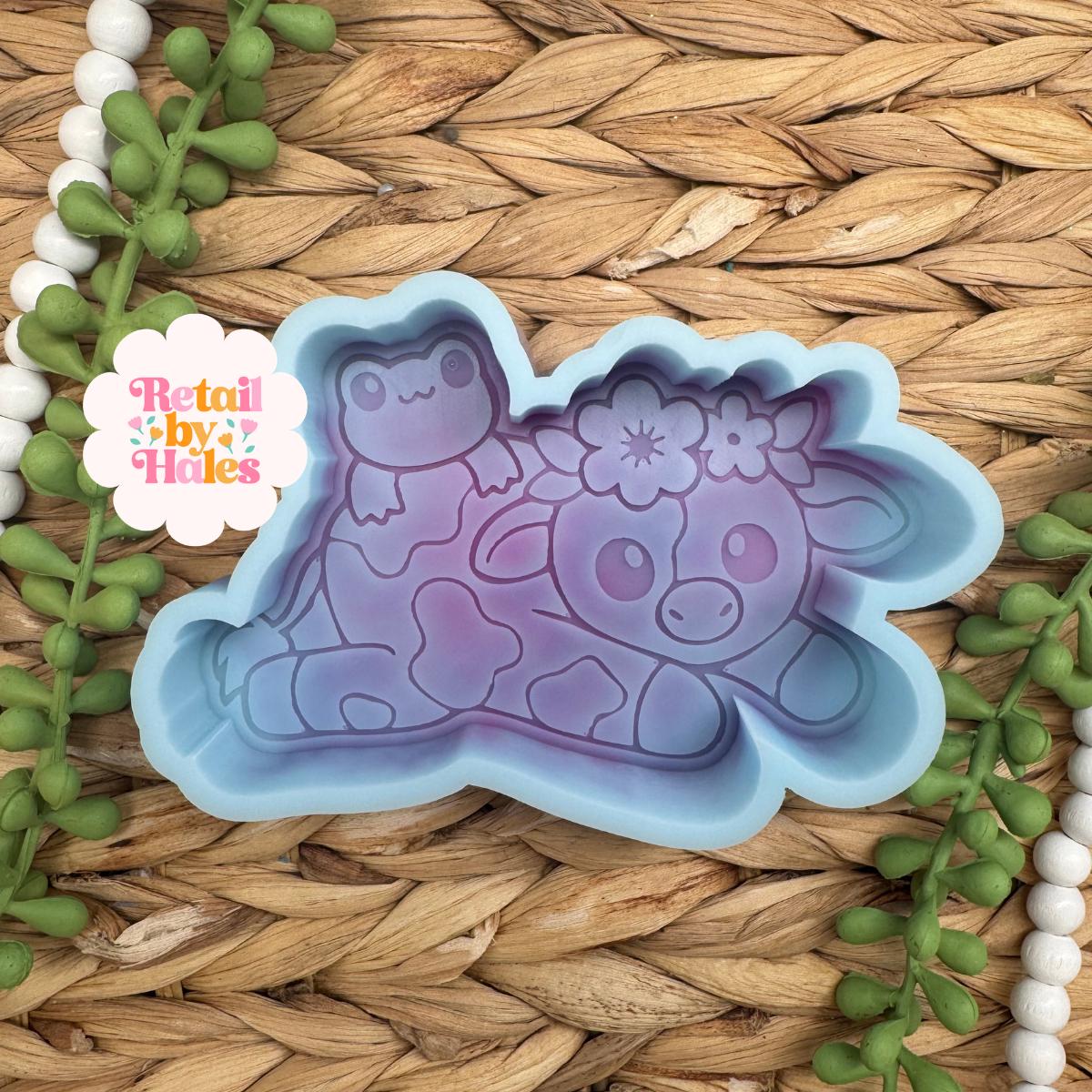 Cow with Frog Freshie Mold, Cute Frog and Cow Silicone Car Freshie Mold, Floral Cow Mold, Wax Melt, Soap, Concrete & Plaster Mold