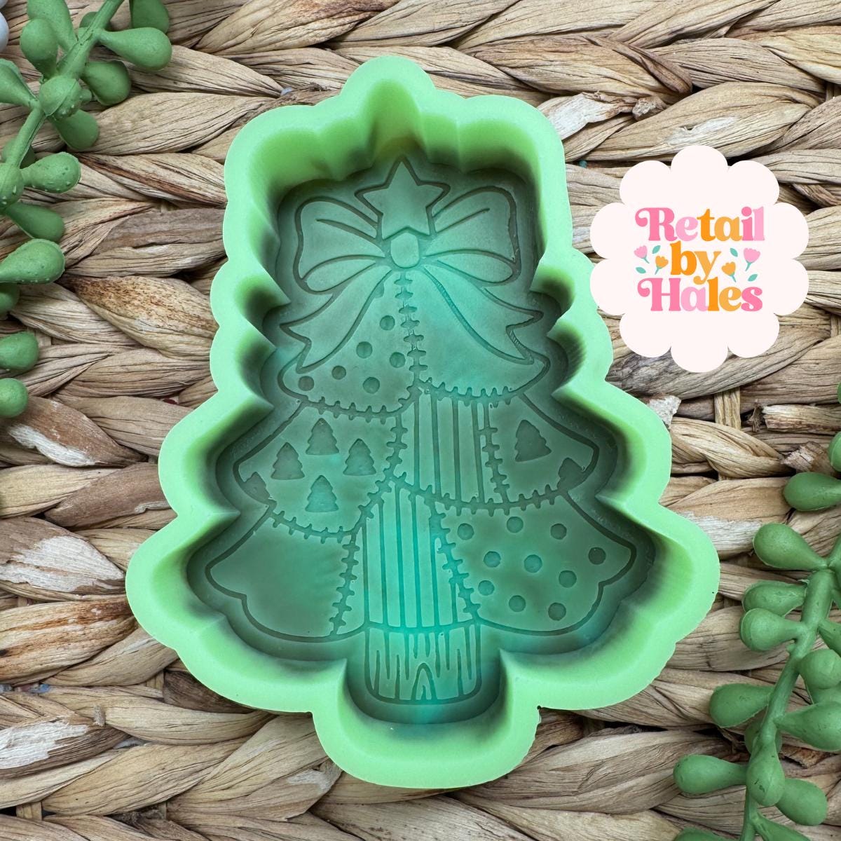 Patchwork Christmas Tree Freshie Mold Holiday Tree with Bow Silicone Car Freshie Mold Wax Melt Soap Concrete Plaster Mold