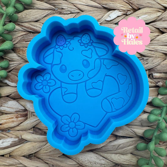 Strawberry Cow on Heart Freshie Mold Heart Cow Silicone Car Freshie Mold Cute Floral Cow Valentine Wax Melt Soap Concrete Plaster Mold